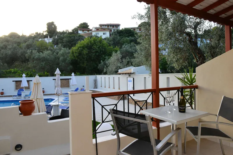 The view from a balcony down to the pool