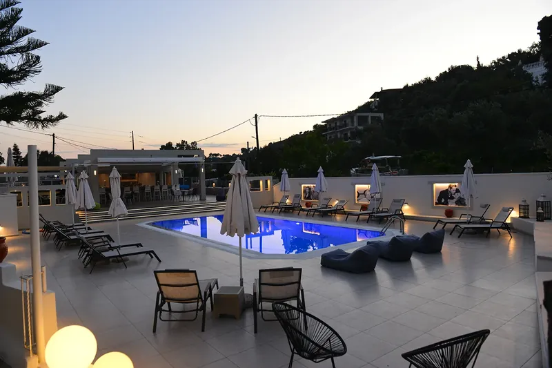 The pool terrace at sunset