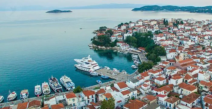 Skiathos Town and the Old Port from above in the afternoon